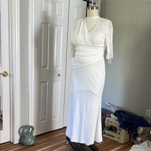 Cream One Shoulder lace sleeve Ruched Bridal Gown